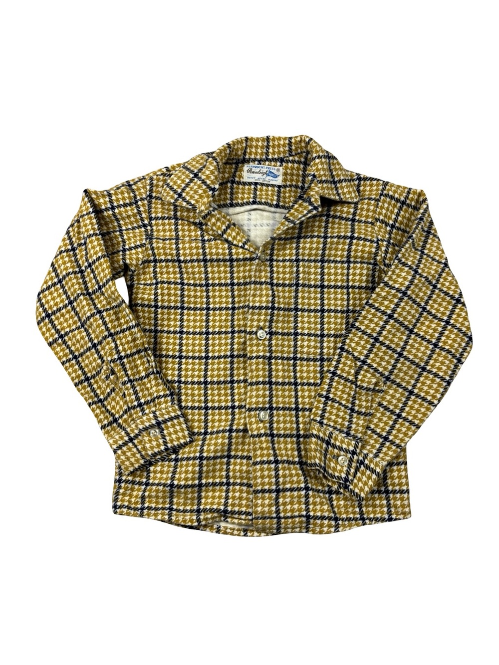 Vintage Pennleigh Houndstooth Plaid Button Up Shirt Mustard Navy Size 8